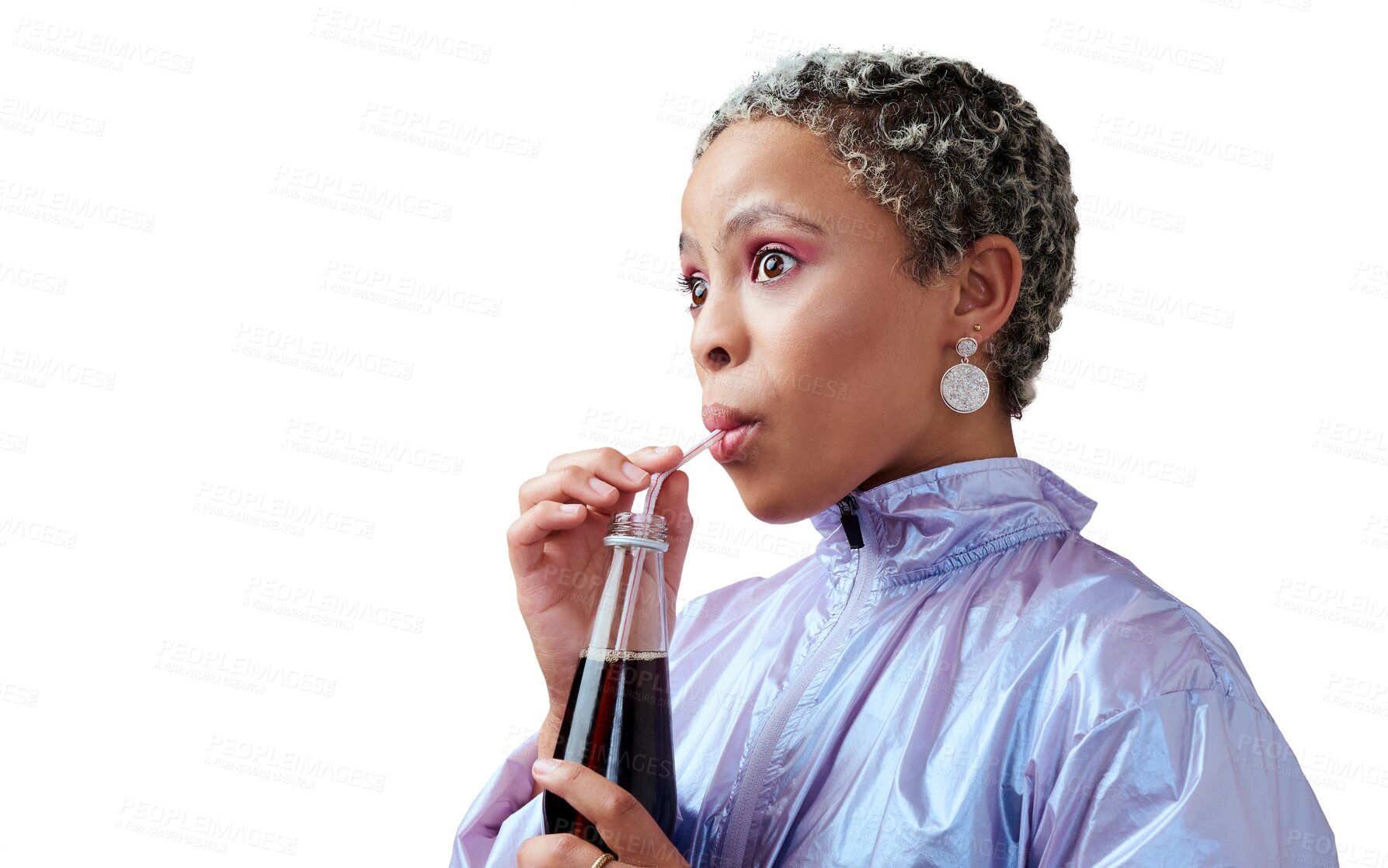 Buy stock photo Fashion, woman and surprised portrait by soda bottle for cool, wow and fun summer liquid on isolated, transparent and png background. Shocked, African gen z girl and retro clothes with juice drink