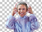 Black woman and holding headphones in studio for music streaming entertainment with pink wall. Mockup pink background with happy, funky and edgy african fashion girl enjoying bluetooth audio.