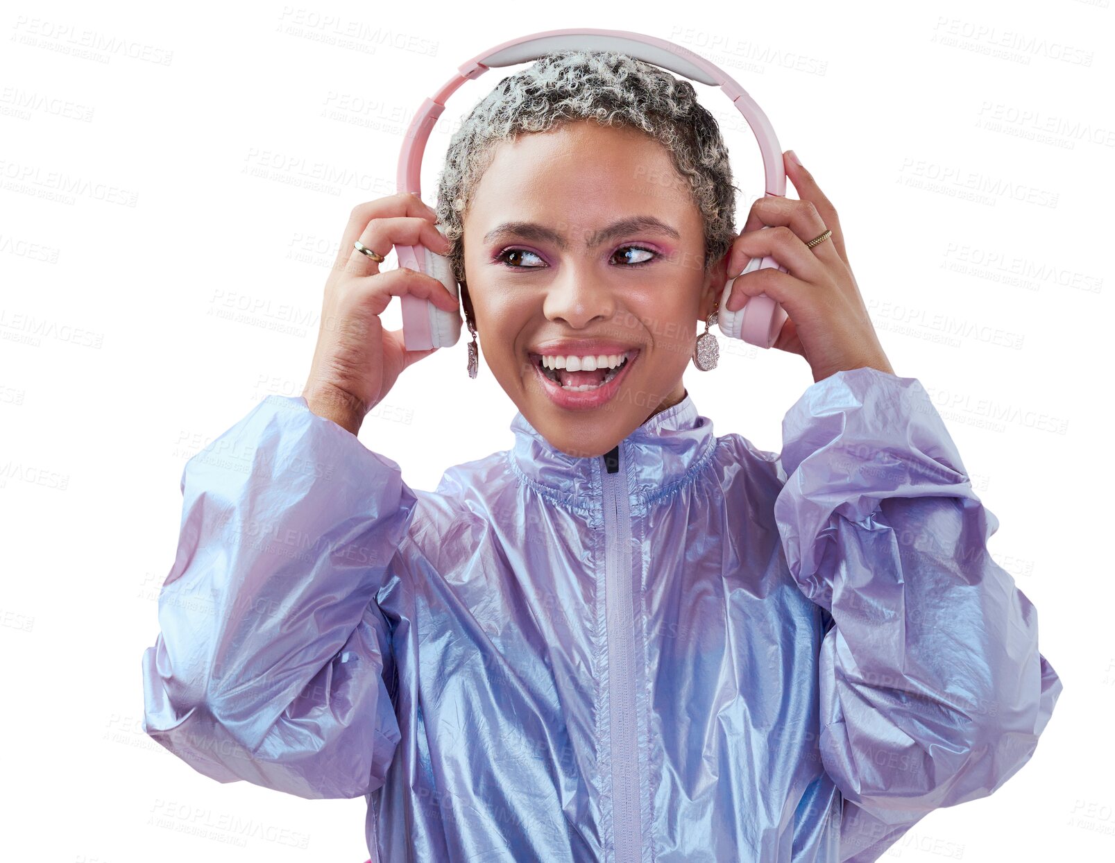 Buy stock photo Smile, fashion and black woman with headphones, streaming music and model isolated on a transparent background. Girl, gen z person and headset for audio, sound and radio with png, song and listening