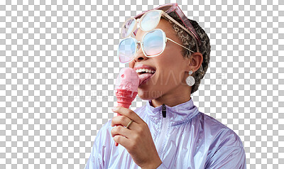 Fashion, ice cream and black woman with sunglasses for futuristic vaporwave style with holographic clothing and dessert against purple mockup background. Happy female model looking cool and trendy