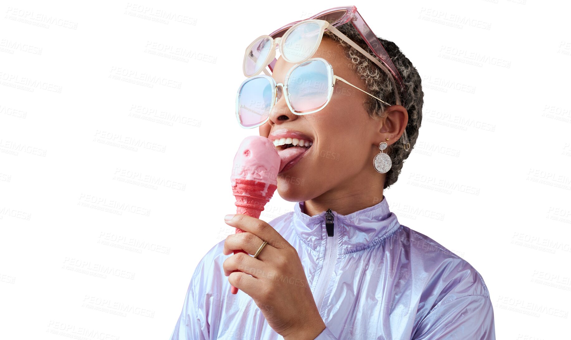 Buy stock photo Fashion, ice cream and black woman with sunglasses, smile and model isolated on a transparent background. Eyewear, happy and girl with frozen dessert, clothing and funky with trendy outfit and png