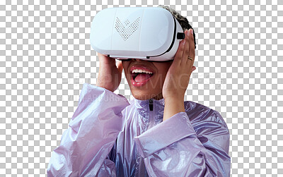 Buy stock photo Virtual reality, metaverse and digital world with woman and future technology isolated on png transparent background. Female person, experience and VR headset with gaming, cyber space and 3D software