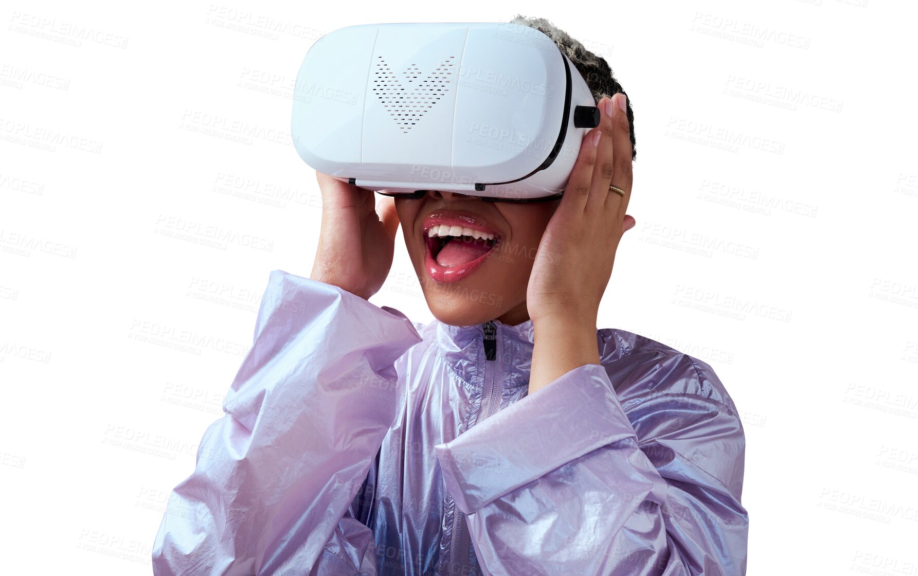 Buy stock photo Virtual reality, metaverse and digital world with woman and future technology isolated on png transparent background. Female person, experience and VR headset with gaming, cyber space and 3D software