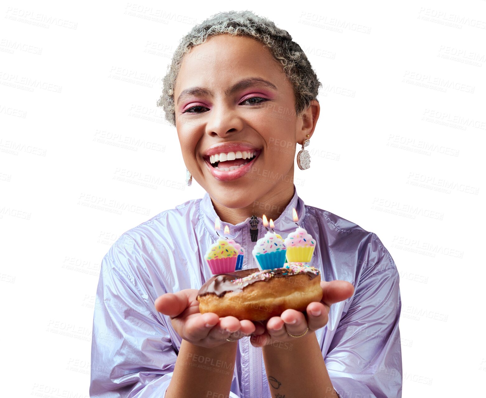 Buy stock photo Portrait, smile and woman with a birthday cake, party or celebration isolated on a transparent background. Girl, person or model with happiness, png and cupcake candles with food, snack and cheerful