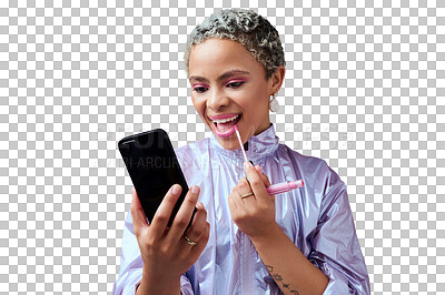 Fashion, phone and woman using lipstick in studio for beauty, makeup and mouth cosmetics routine alone. Social media influencer applying pink lip gloss for selfcare against a grey studio background