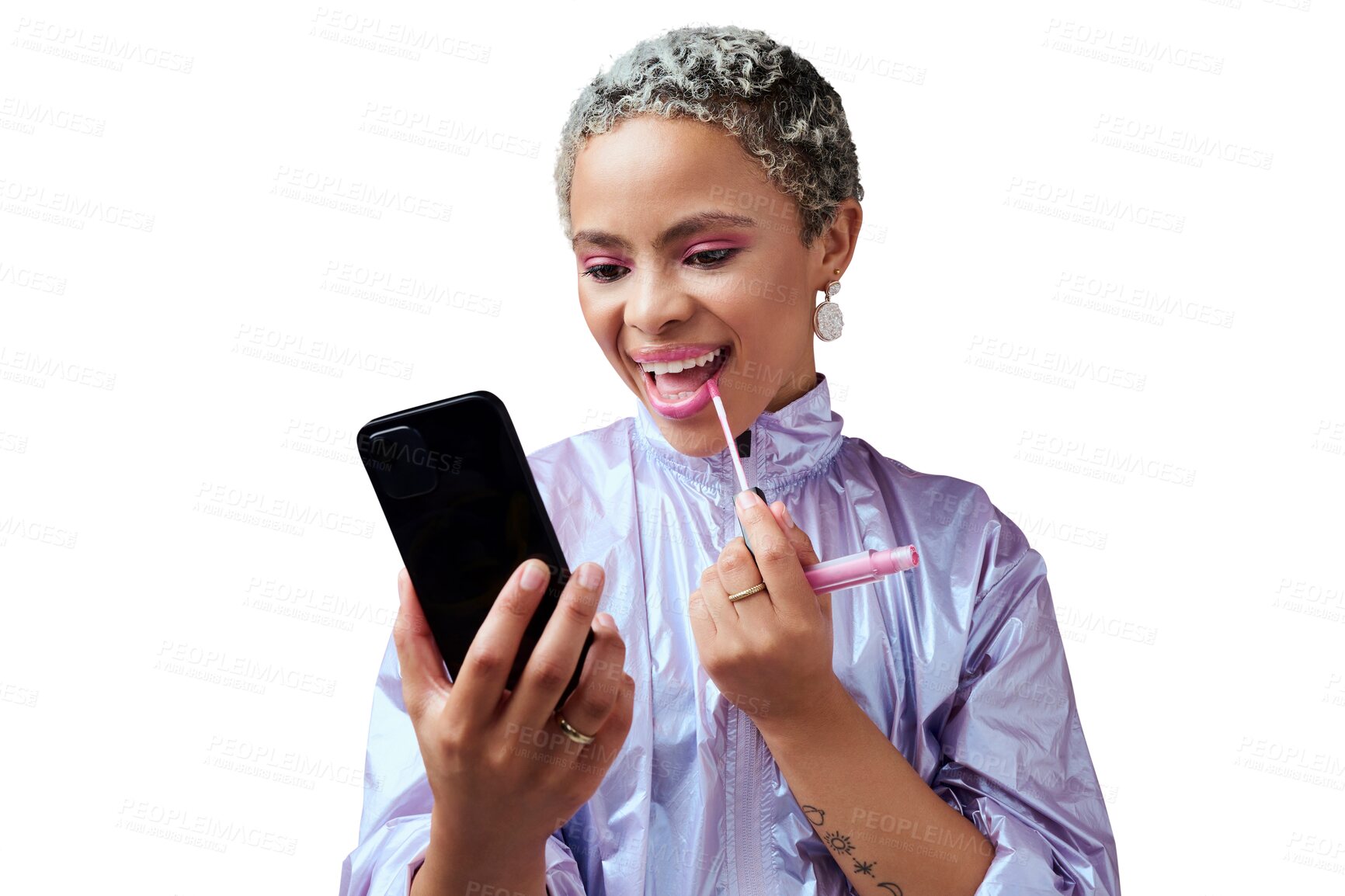 Buy stock photo Fashion, smartphone and woman using lipstick, smile and gen z isolated on a transparent background. Happy, influencer and person with beauty, cellphone and cosmetics with makeup, png and self care