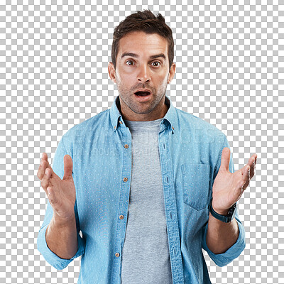 Buy stock photo Portrait, surprise and man with announcement, wow and model isolated on a transparent background. Face, person and guy shocked, news and facial expression with png, information and emoji with omg