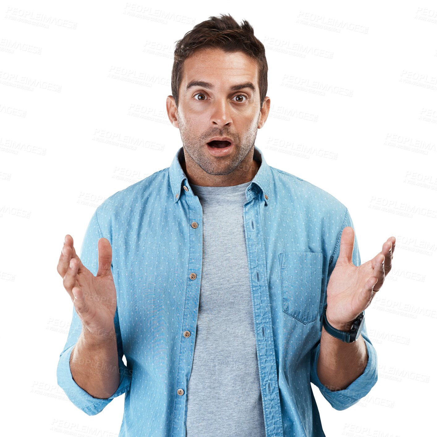 Buy stock photo Portrait, surprise and man with announcement, wow and model isolated on a transparent background. Face, person and guy shocked, news and facial expression with png, information and emoji with omg