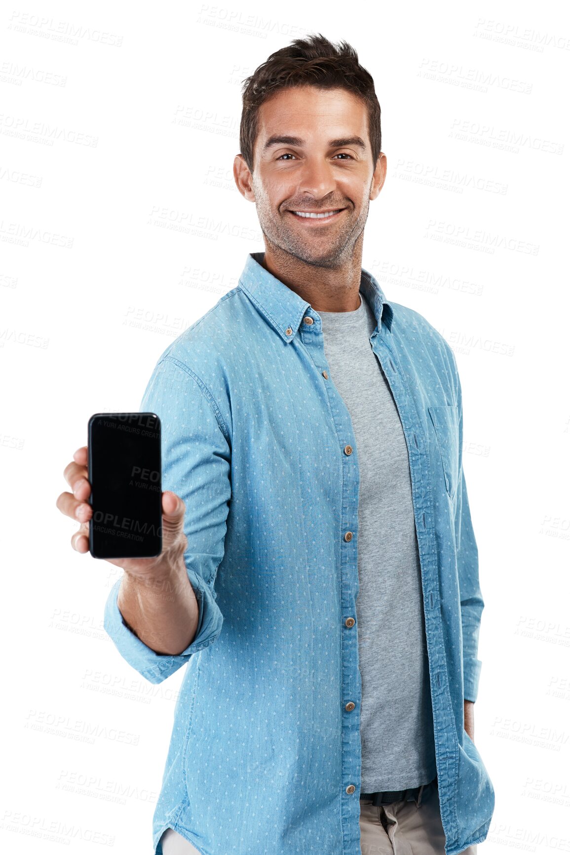 Buy stock photo Portrait, screen and man with a smartphone, connection and model isolated on a transparent background. Internet, male person or guy with a cellphone, social media and network with png or advertise