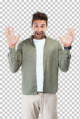 Buy stock photo Portrait, surprise and man with a smile, wow and model isolated on a transparent background. Secret, person and winner shocked, news or announcement with png, information and omg with excited emoji