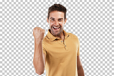 Buy stock photo Excited, winning portrait and man with celebration and fist for motivation and success sign. Male person, happy and smile from achievement cheer and winner isolated on a transparent, png background