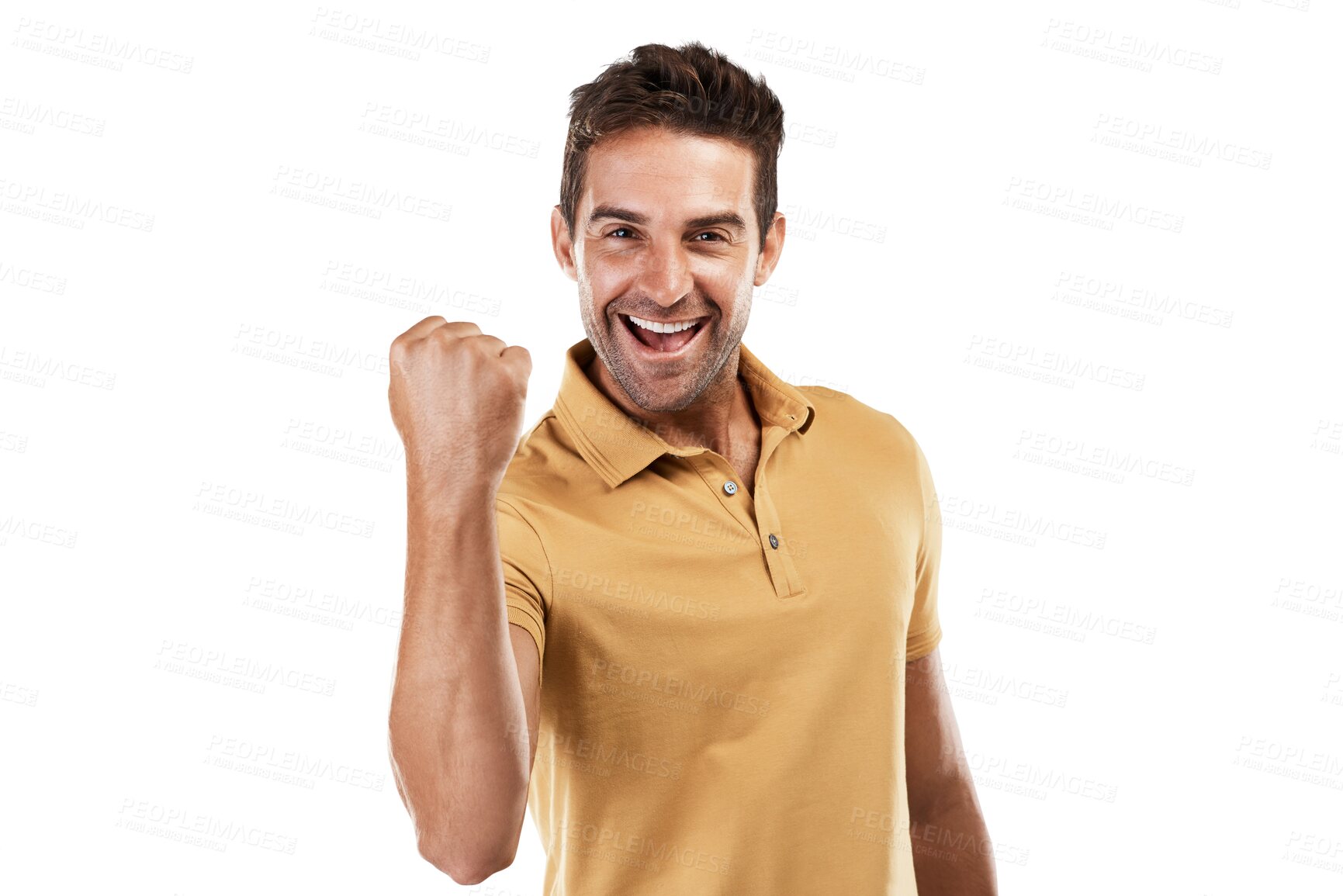 Buy stock photo Excited, winning portrait and man with celebration and fist for motivation and success sign. Male person, happy and smile from achievement cheer and winner isolated on a transparent, png background