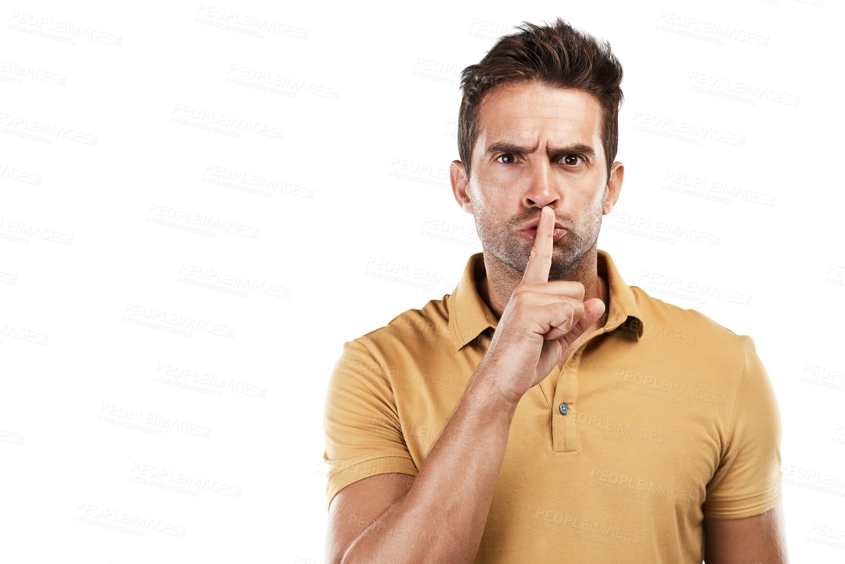 Buy stock photo Angry man, face and finger on lips for secret, warning and confidential news on isolated, transparent and png background. Frustrated model, portrait and privacy emoji hands on mouth for whisper noise