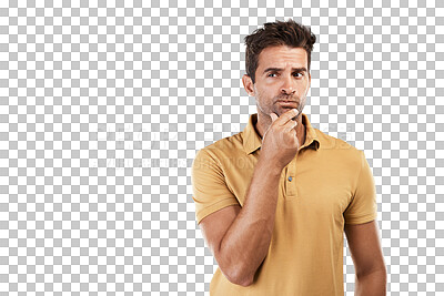 Buy stock photo Man, thinking and confused in future planning, vision and ideas on isolated, transparent or png background. Doubt, questions or model person in problem solving for solution, decision or wonder choice