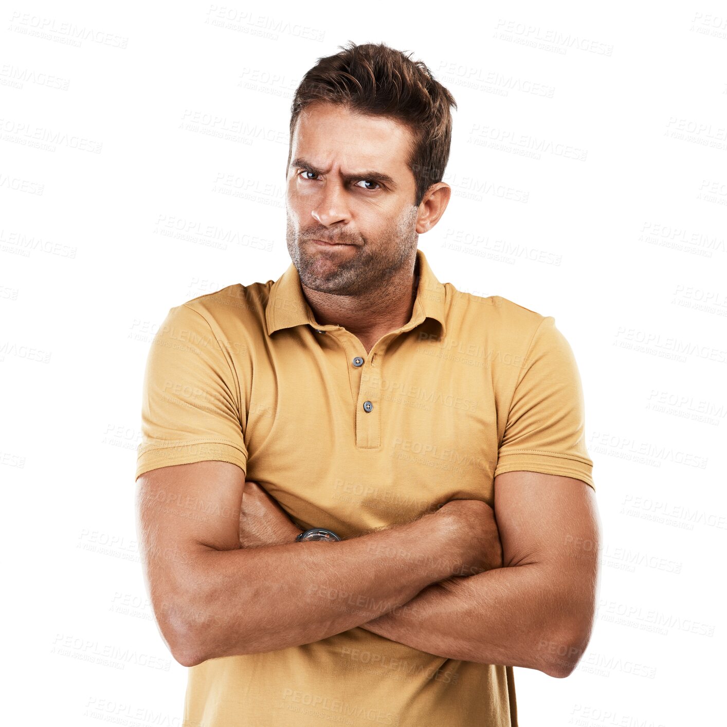 Buy stock photo Frustrated, man and portrait with arms crossed in anger for bad decision, mistake and behaviour on isolated, transparent and png background. Person, teacher and angry body language with dislike face