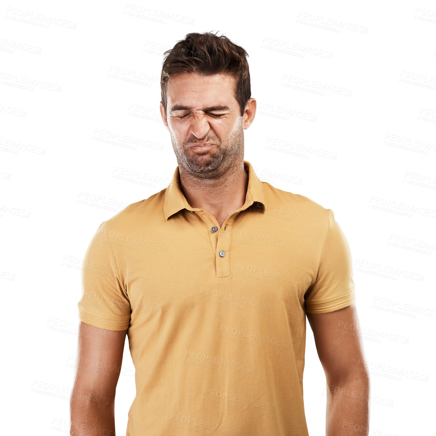 Buy stock photo Man, funny face and disgust for problem, bad smell and odor on isolated, transparent and png background. Model, person and gross facial expression for disaster fail, mistake and negative reaction