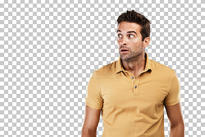 Buy stock photo Face, scared and man with anxiety isolated on transparent png background in fear, horror and terror expression. Worried model, person and stress while listening for noise, danger and waiting reaction