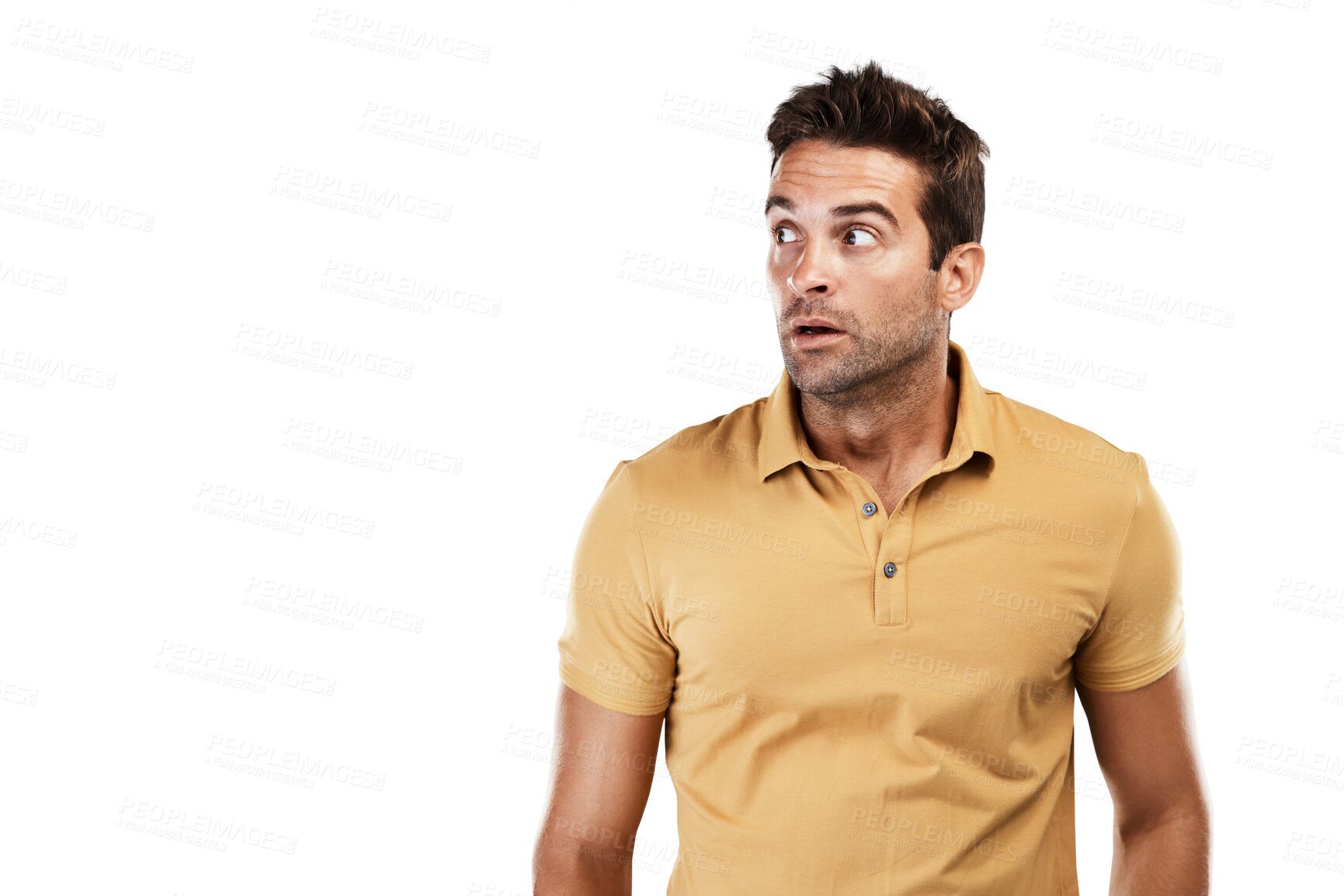 Buy stock photo Face, scared and man with anxiety isolated on transparent png background in fear, horror and terror expression. Worried model, person and stress while listening for noise, danger and waiting reaction