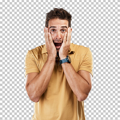 Buy stock photo Portrait, shocked and man with announcement, gossip and model isolated on a transparent background. Face, person and guy with surprise, wow and secret with png, information and fake news with emoji