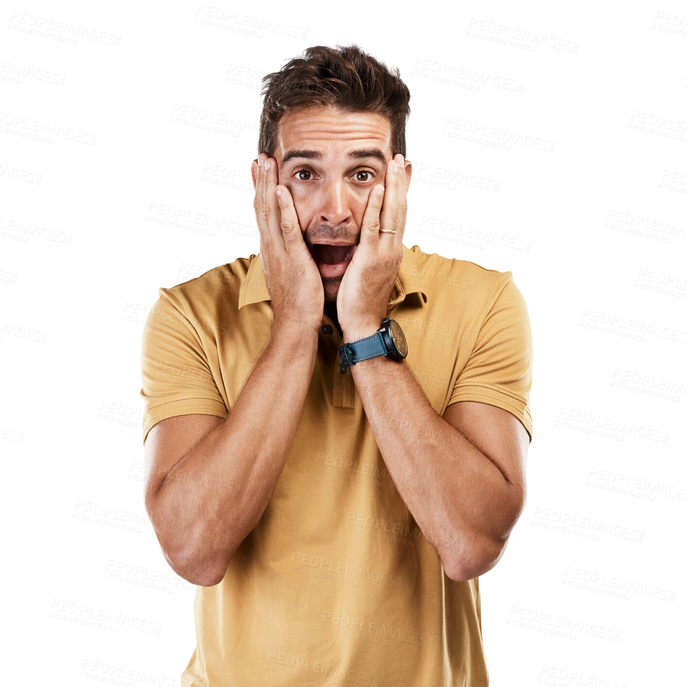 Buy stock photo Portrait, shocked and man with announcement, gossip and model isolated on a transparent background. Face, person and guy with surprise, wow and secret with png, information and fake news with emoji