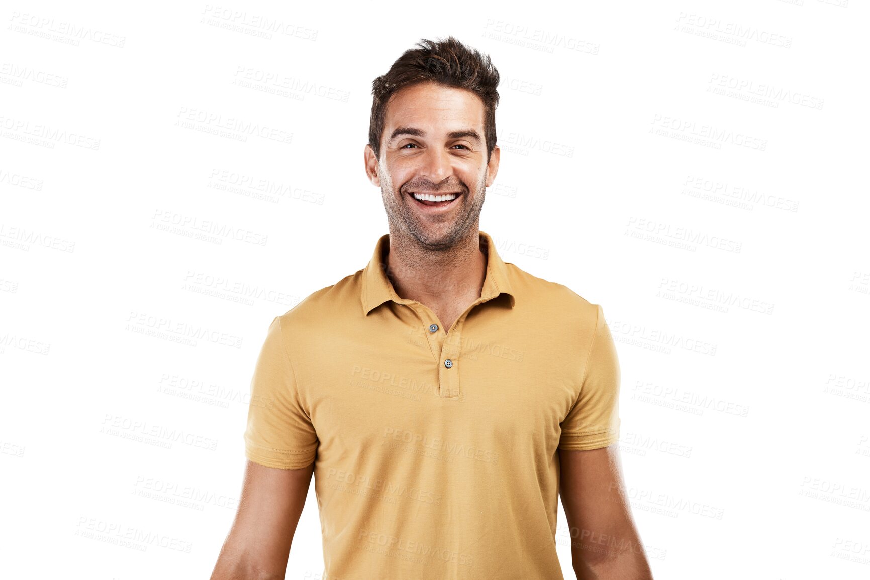 Buy stock photo Isolated man, smile and confident in portrait, yellow shirt and trendy clothes by transparent png background. Guy, male fashion model and happy person with excited face for modern style in London