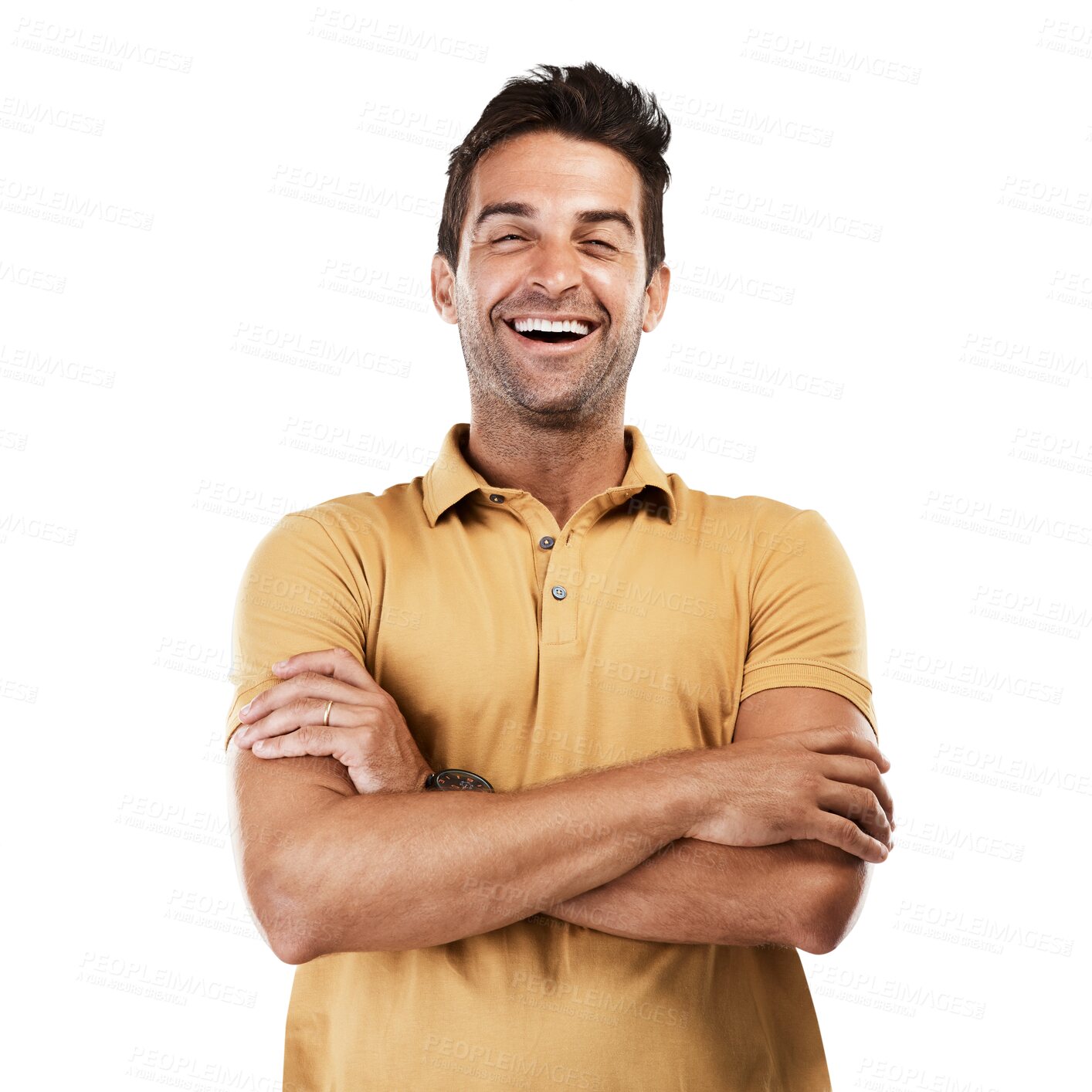 Buy stock photo Excited, confident and portrait of happy man with smile or joy laughing at a funny joke in Italy. Arms crossed, proud guy or face of male person in casual shirt isolated on transparent png background