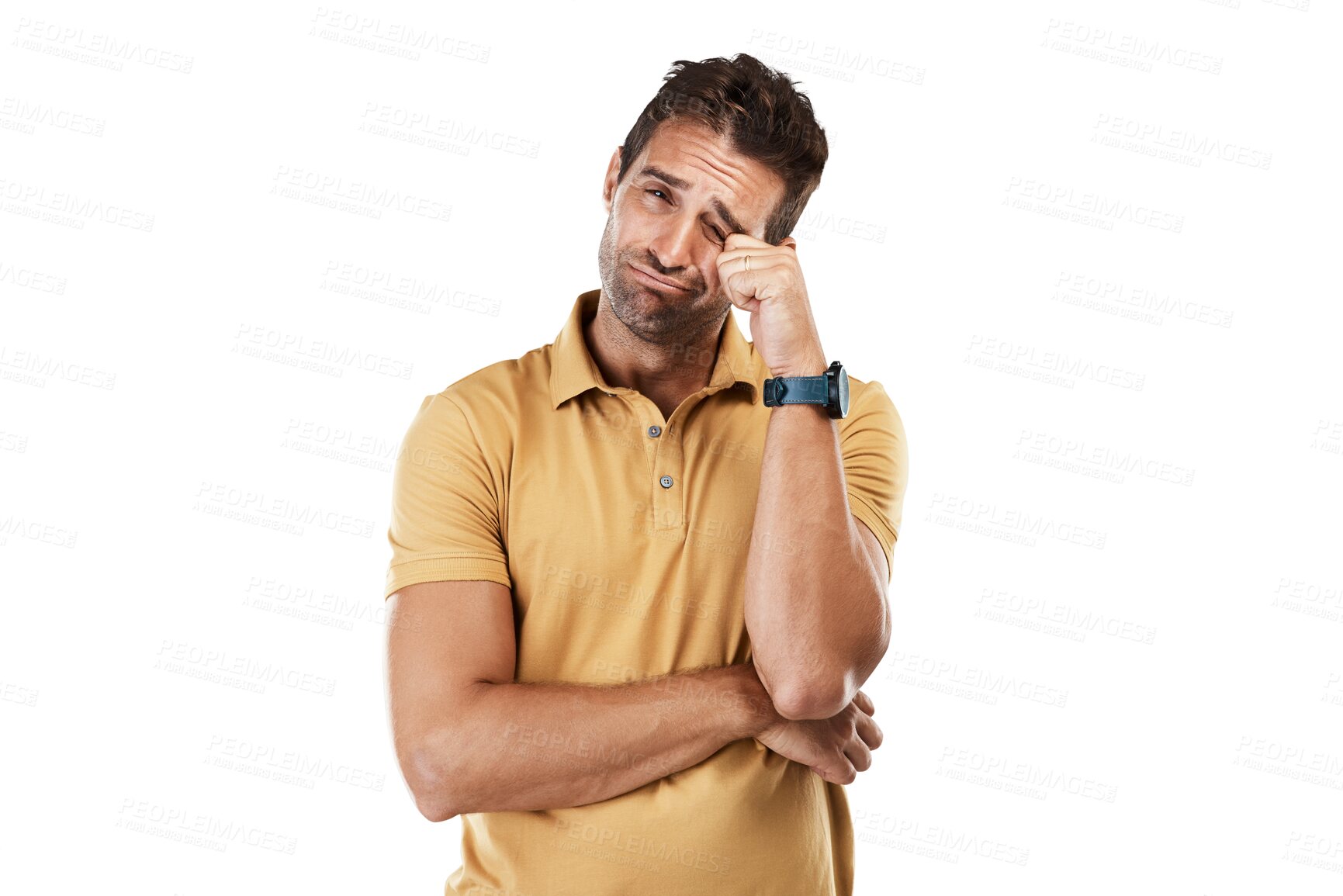 Buy stock photo Portrait, sad and crying man isolated on a transparent png background with stress, anxiety and depression. Unhappy, tired and depressed male model feeling emotional, worried and frustrated with tears