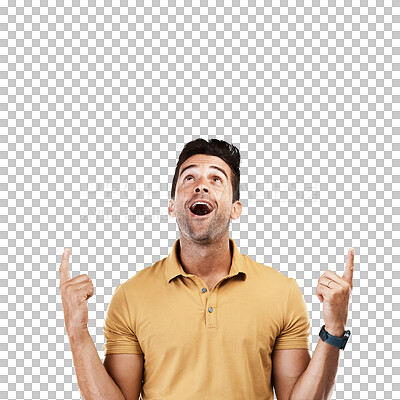 Buy stock photo Pointing up, surprise or man excited by sale, retail product offer or discount deal isolated on png background. Transparent, wow or happy person showing results, news info or menu choice promotion 