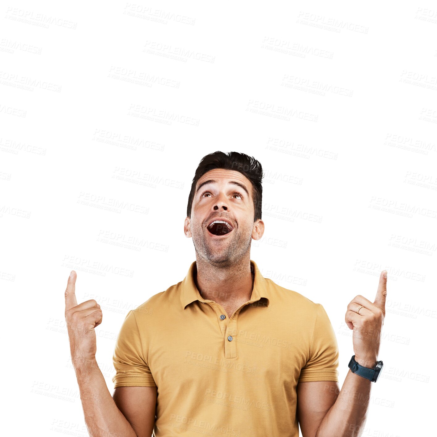 Buy stock photo Pointing up, surprise or man excited by sale, retail product offer or discount deal isolated on png background. Transparent, wow or happy person showing results, news info or menu choice promotion 