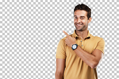 Buy stock photo Portrait, pointing up or happy man with sales offer, deal or discount isolated on transparent png background. Smile, presentation or person showing service results, news info or menu choice options