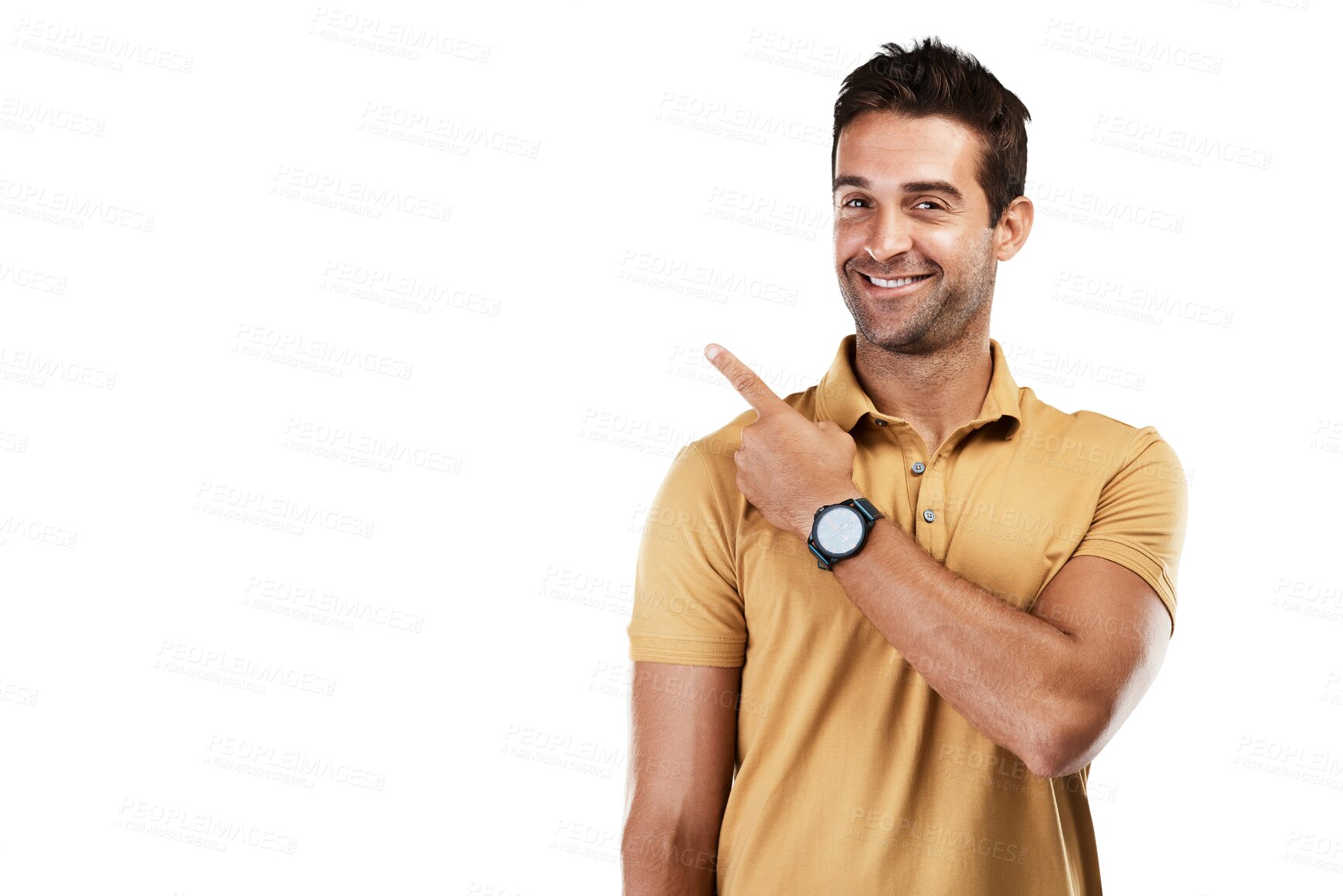 Buy stock photo Portrait, pointing up or happy man with sales offer, deal or discount isolated on transparent png background. Smile, presentation or person showing service results, news info or menu choice options