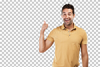 Buy stock photo Happy man, portrait or thumbs up for success, thank you or like isolated on transparent PNG background. Smile, hand gesture or excited male person with success, yes sign or vote on an okay review