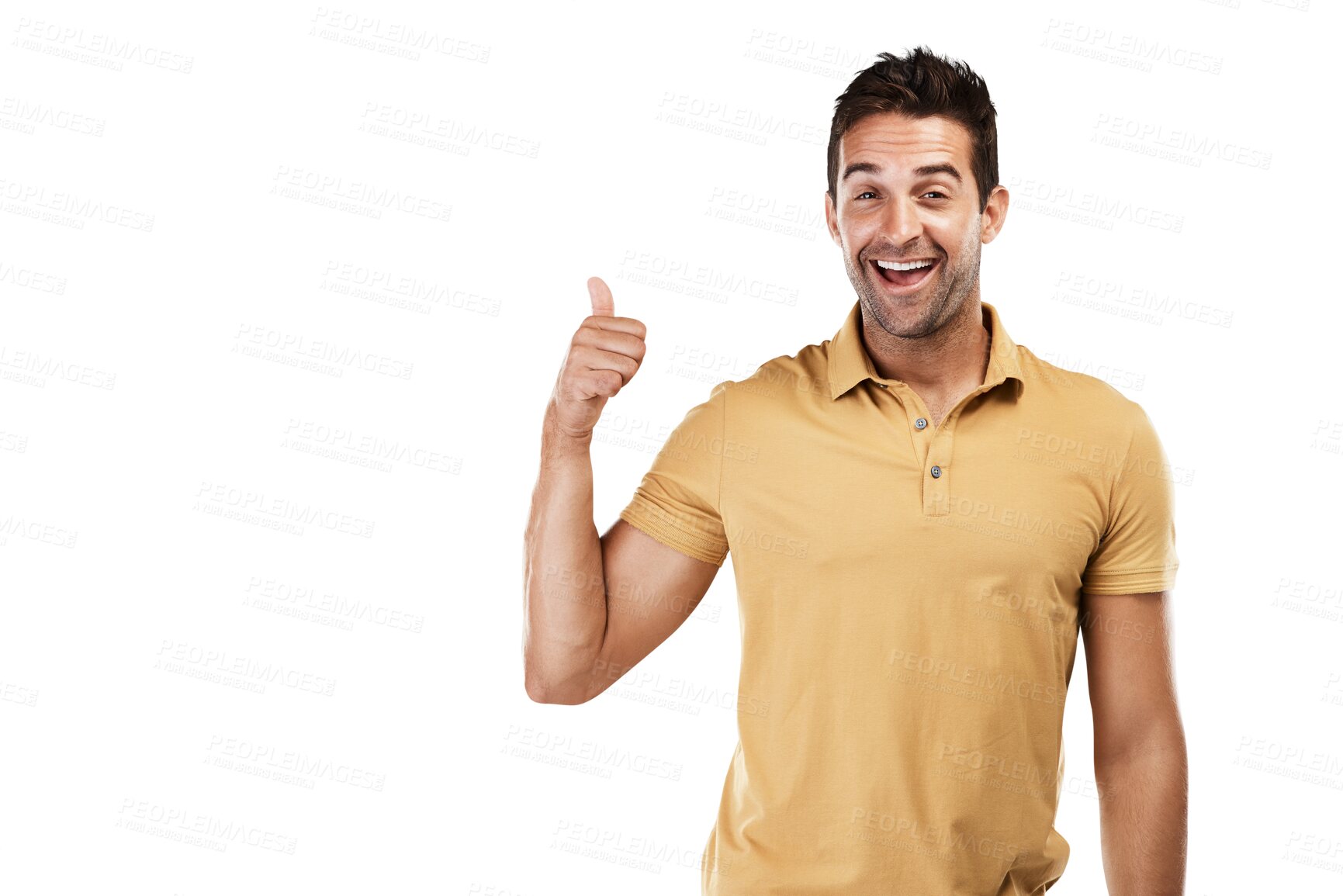 Buy stock photo Happy man, portrait or thumbs up for success, thank you or like isolated on transparent PNG background. Smile, hand gesture or excited male person with success, yes sign or vote on an okay review