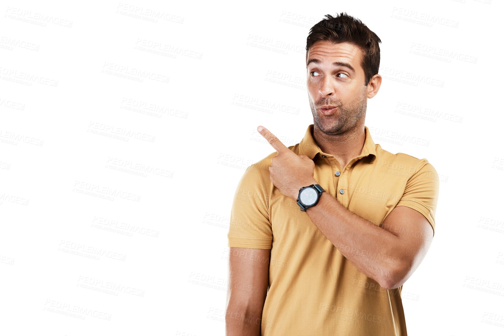 Buy stock photo Promotion, pointing up or man with sale announcement, offer or discount deal isolated on png background. Transparent, presentation or person showing service results, news info or menu choice options