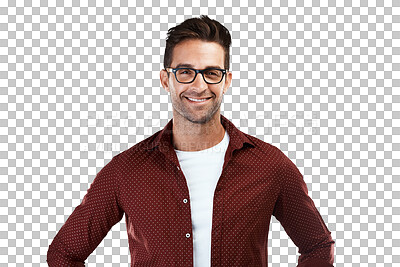 Buy stock photo Confident, smile and portrait of a businessman with vision glasses isolated in transparent or png background. Happy, intelligent and person or entrepreneur new stylish eyewear or frames for optometry