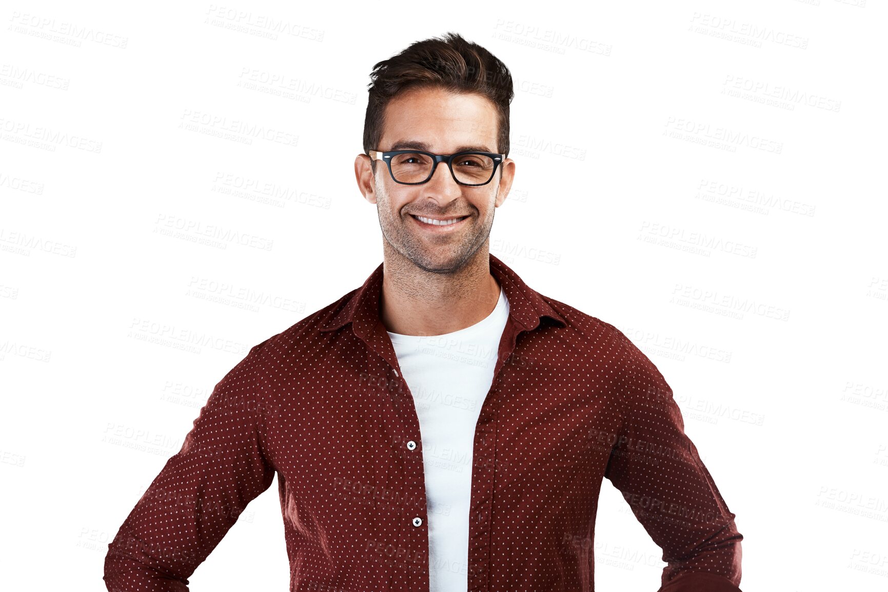 Buy stock photo Confident, smile and portrait of a businessman with vision glasses isolated in transparent or png background. Happy, intelligent and person or entrepreneur new stylish eyewear or frames for optometry