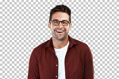 Buy stock photo Happy, glasses and funny with portrait of man on png for eye health, optometry and fashion. Nerd, smile and happiness with person isolated on transparent background for prescription, lens and frames