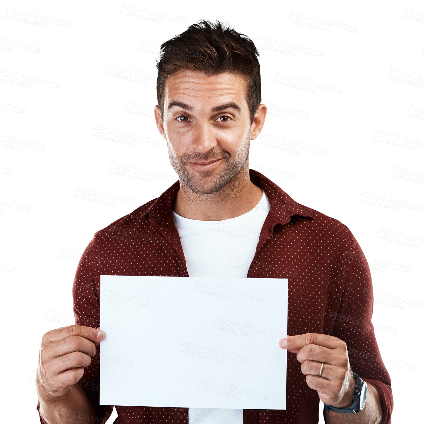 Buy stock photo Mockup, portrait or man with a card for announcement promotion, marketing offer or advertising deal. Signage, bulletin board or face of person with blank space isolated on transparent png background