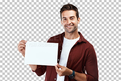 Buy stock photo Board, portrait or happy man with a card for announcement promotion, marketing offer or advertising deal. Signage, bulletin and person with blank mockup space isolated on transparent png background