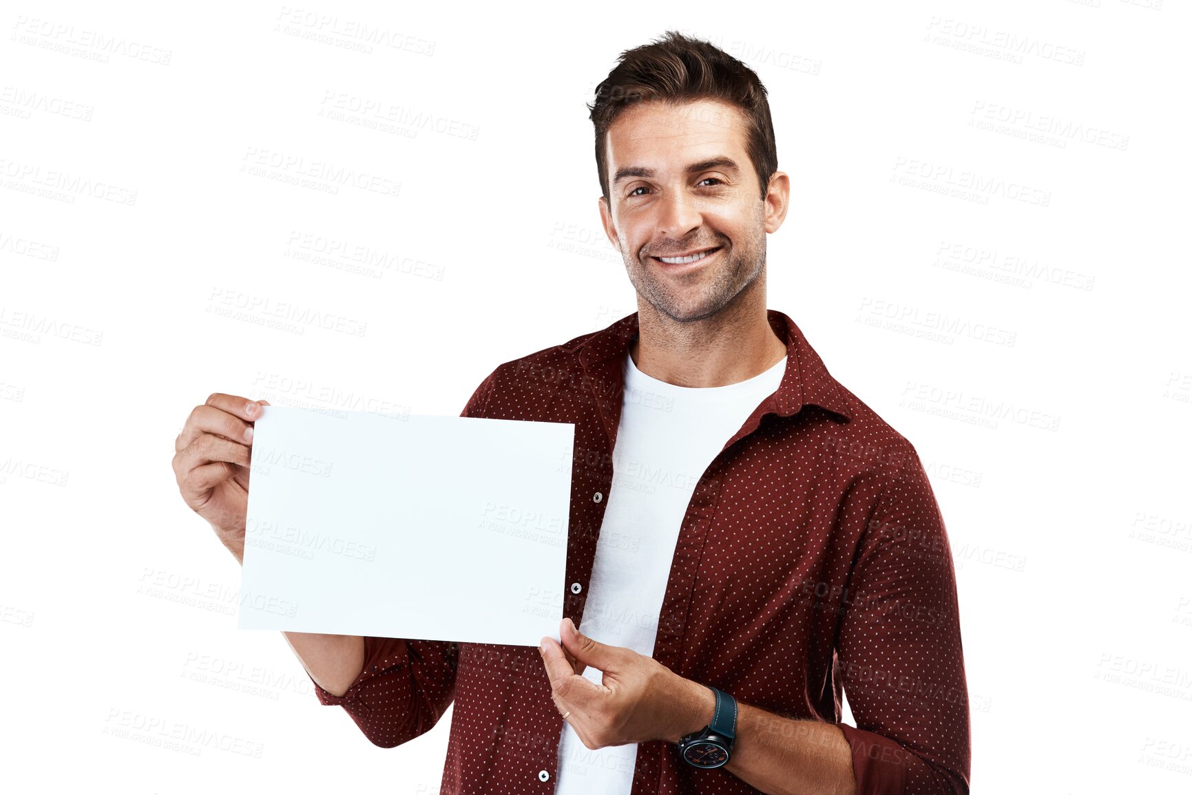 Buy stock photo Board, portrait or happy man with a card for announcement promotion, marketing offer or advertising deal. Signage, bulletin and person with blank mockup space isolated on transparent png background