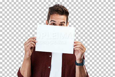 Buy stock photo Card, portrait or man with poster mockup for a sale, promotion offer or logo advertising deal. Signage banner, plain bulletin board or person with blank space isolated on transparent png background