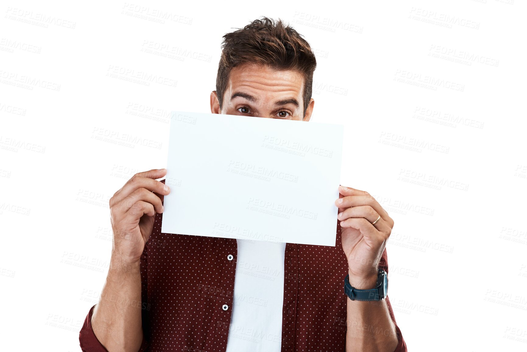 Buy stock photo Card, portrait or man with poster mockup for a sale, promotion offer or logo advertising deal. Signage banner, plain bulletin board or person with blank space isolated on transparent png background