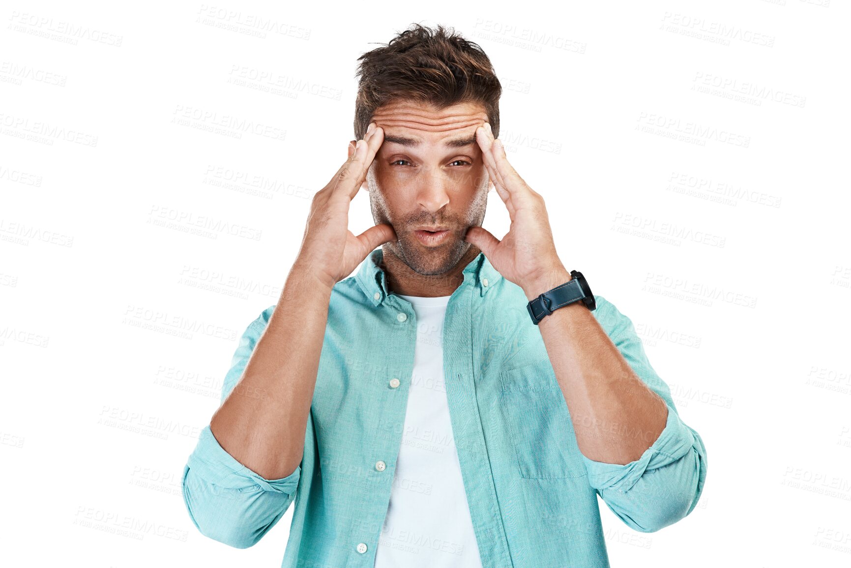 Buy stock photo Dizzy, portrait or tired man with headache, stress or burnout isolated on transparent png background. Exhausted face, fatigue or sick person frustrated with head pain or brain fog or migraine crisis