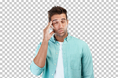 Buy stock photo Dizzy, stress or tired man with headache, burnout or brain fog isolated on transparent png background. Exhausted, fail or sick male person frustrated with head pain or depression or migraine crisis