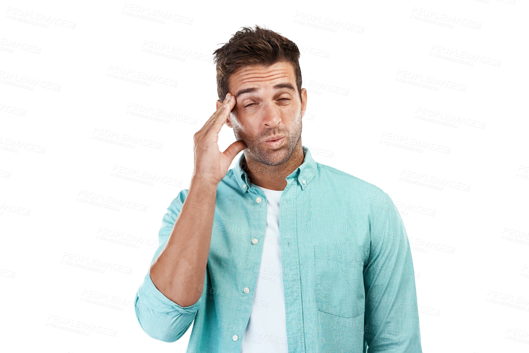 Buy stock photo Dizzy, stress or tired man with headache, burnout or brain fog isolated on transparent png background. Exhausted, fail or sick male person frustrated with head pain or depression or migraine crisis