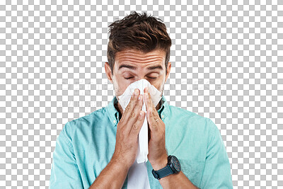 Buy stock photo Allergy, blowing nose or man sick with hay fever illness, flu disease or virus by sneezing with tissue. Sinus bacteria, face or male person with toilet paper isolated on transparent png background