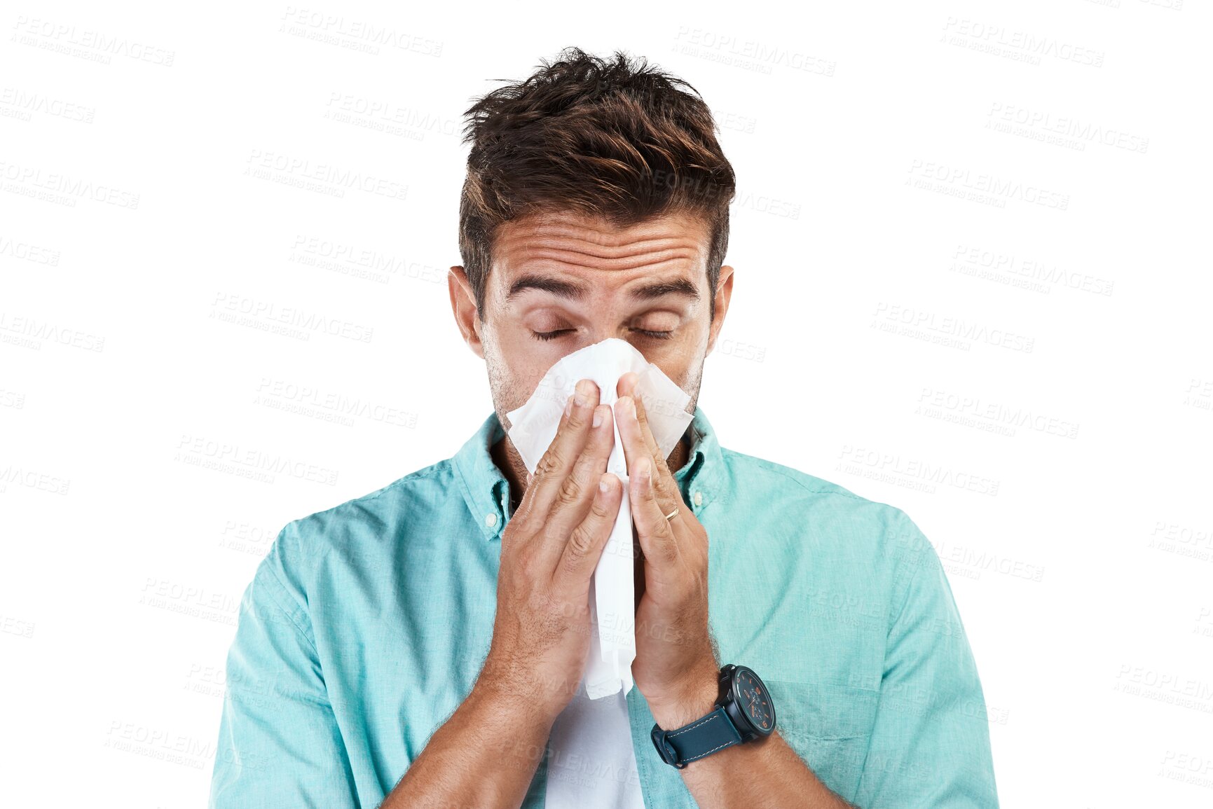 Buy stock photo Allergy, blowing nose or man sick with hay fever illness, flu disease or virus by sneezing with tissue. Sinus bacteria, face or male person with toilet paper isolated on transparent png background