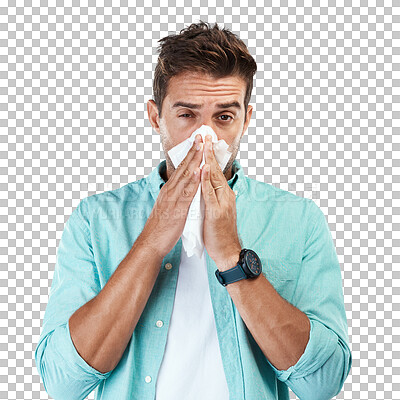 Buy stock photo Sinus, blowing nose or portrait of man sick by hay fever illness, flu disease or virus by sneezing with tissue. Allergy problem, toilet paper or face of person isolated on transparent png background