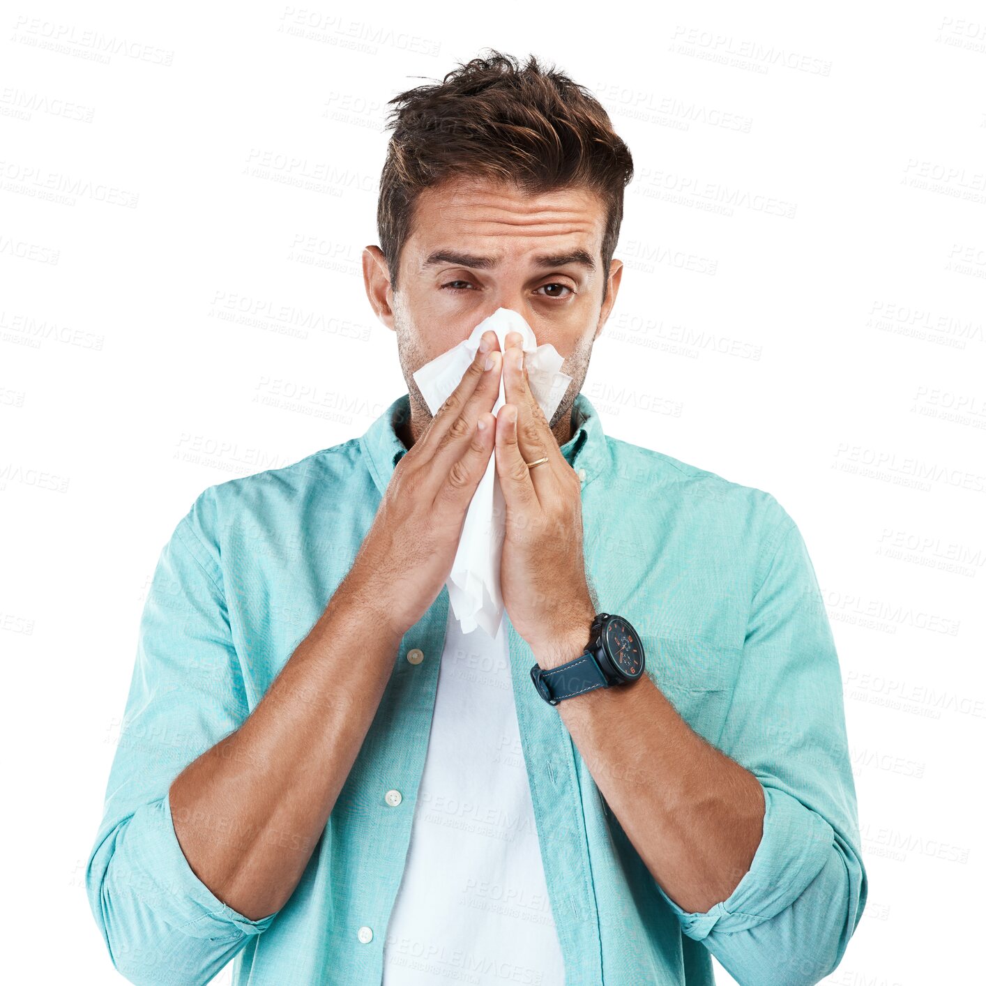 Buy stock photo Sinus, blowing nose or portrait of man sick by hay fever illness, flu disease or virus by sneezing with tissue. Allergy problem, toilet paper or face of person isolated on transparent png background