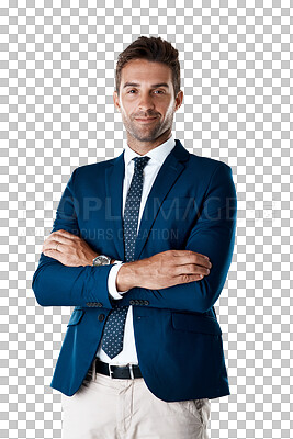 Buy stock photo Arms crossed, confident and portrait of businessman with fashion, style or elegant modern suit in Italy. Manager, proud entrepreneur or professional male person isolated on transparent png background